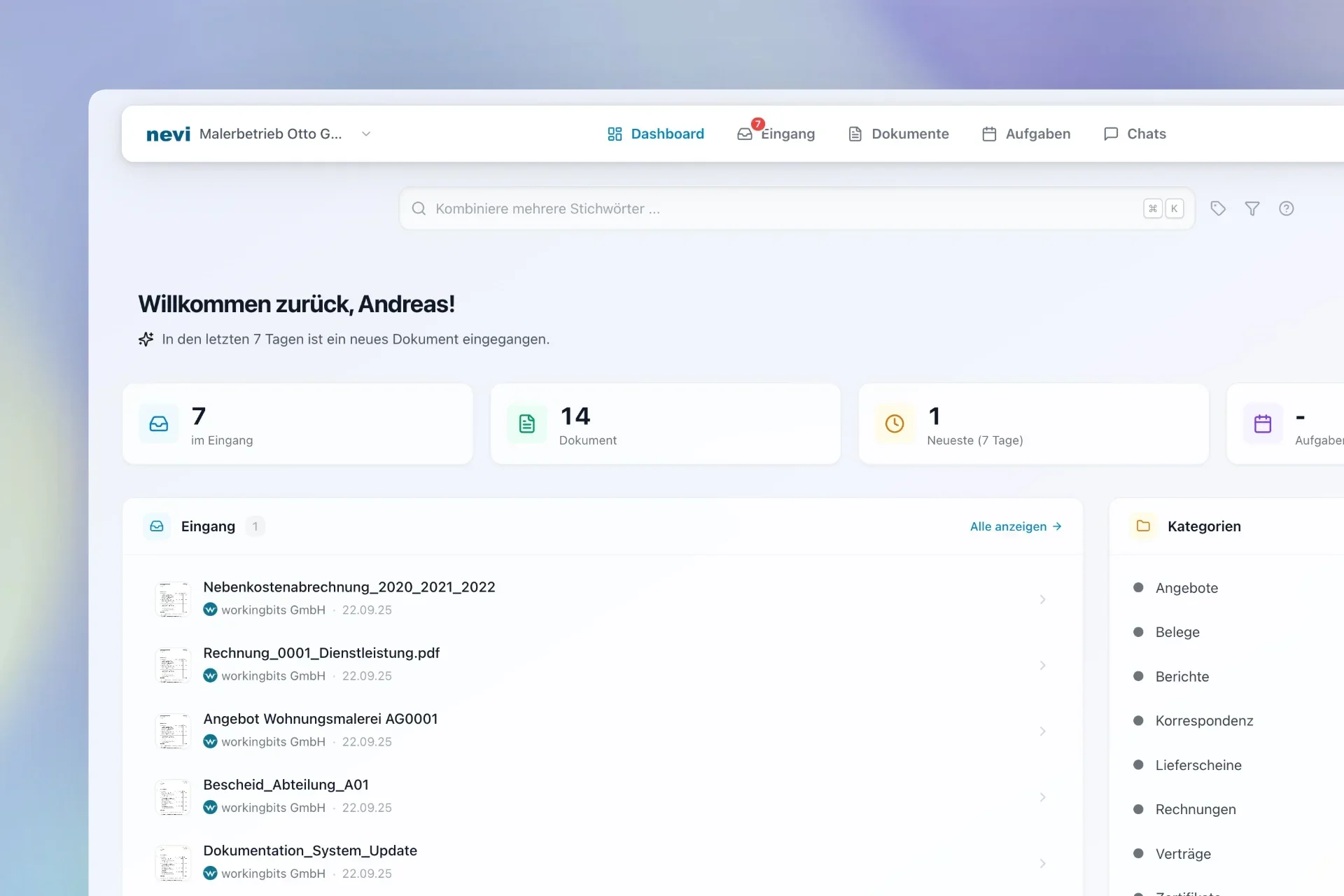 Screenshot des nevi-Dashboards mit Dokumenten-Eingang, Statistik-Kacheln und Kategorien