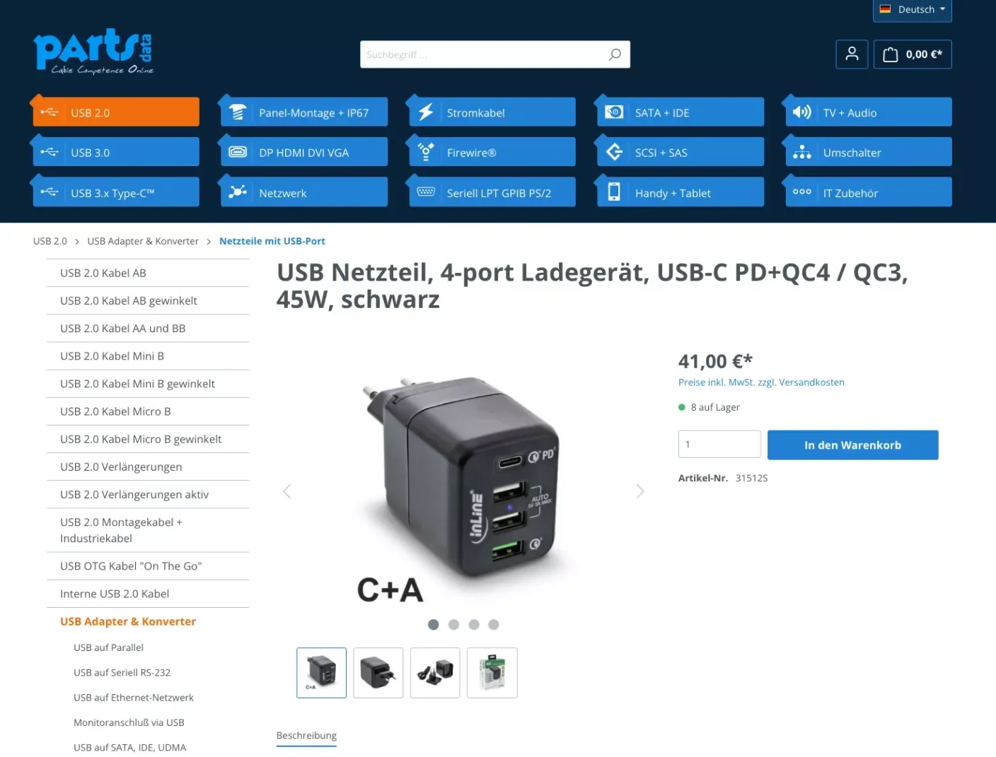 Screenshot des PartsData-Onlineshops mit der Produktseite eines USB-Netzteils