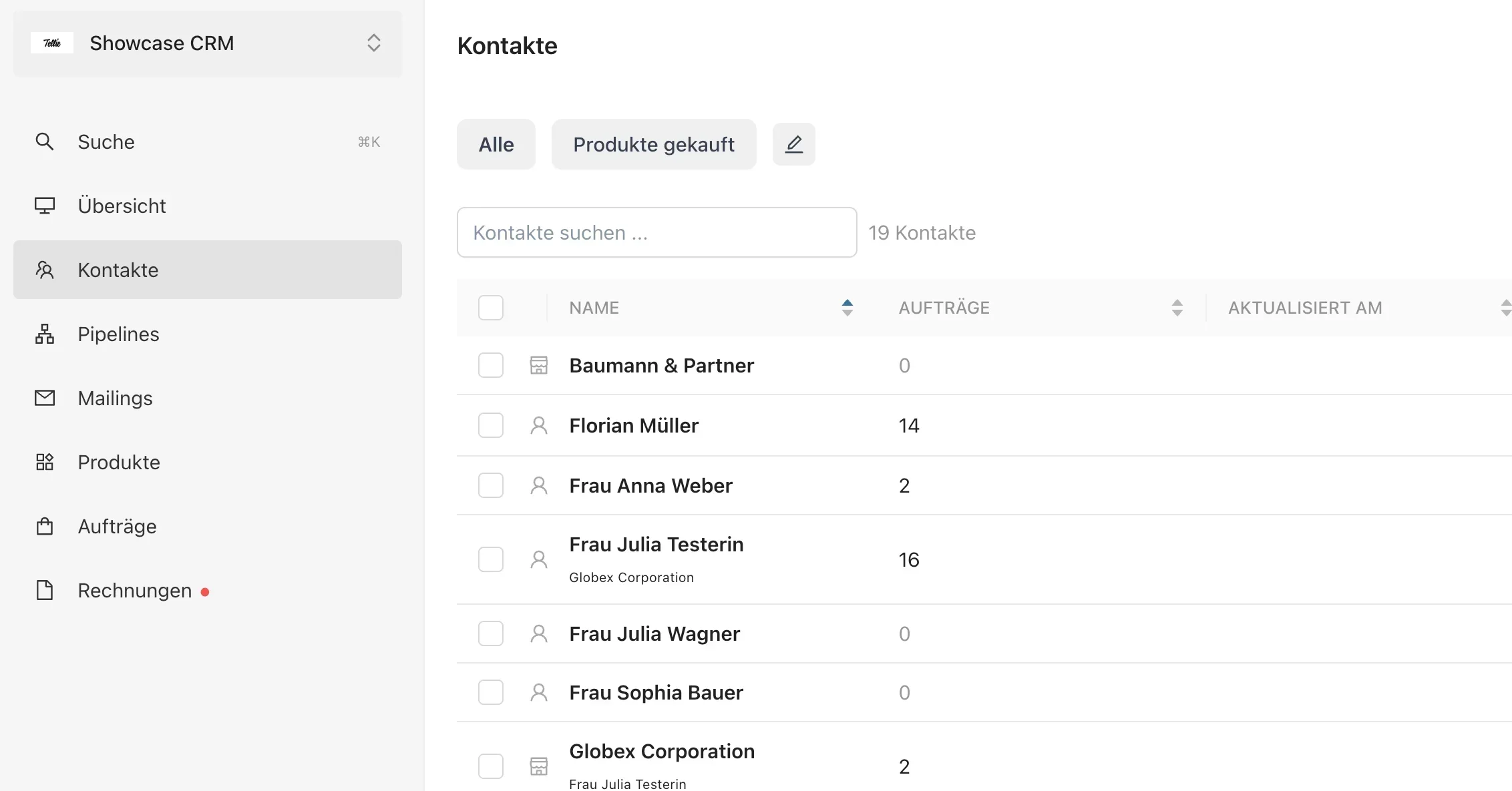 Screenshot der Tellie-CRM-Kontaktverwaltung mit Kontaktliste