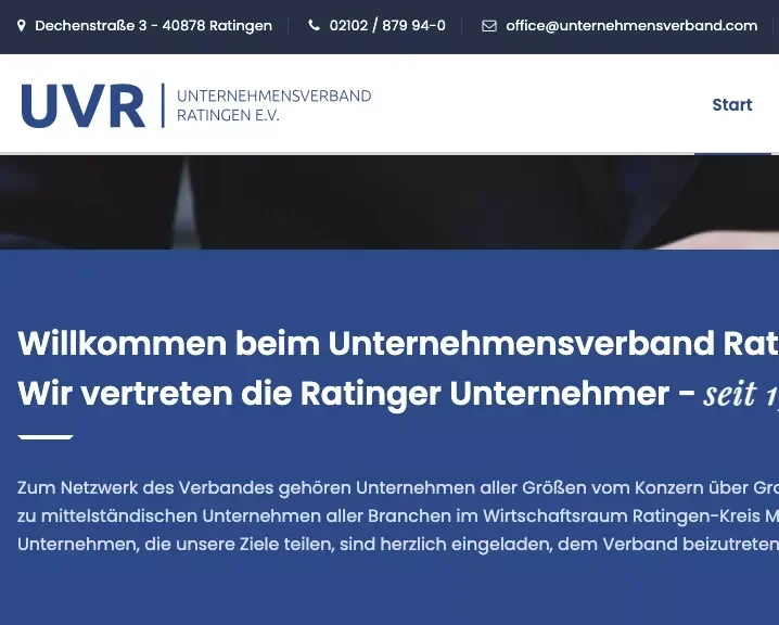 Screenshot der Website des Unternehmensverbands Ratingen mit Willkommensbereich